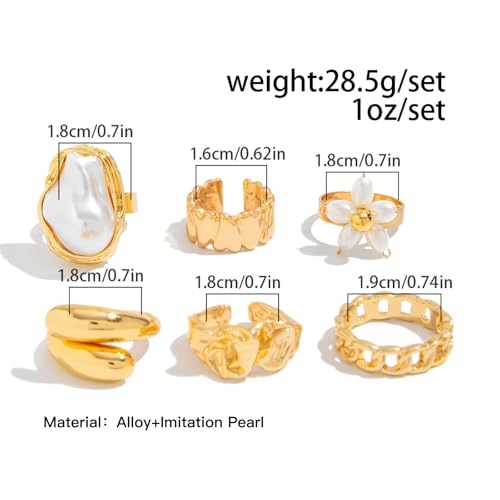 Chunky Gold Rings for Women Non Tarnish Boho Stackable Rings Set Adjustable Open Joint Finger Midi Knuckle Ring Packs - color: Gold Flower Chunky Rings 6Pcs