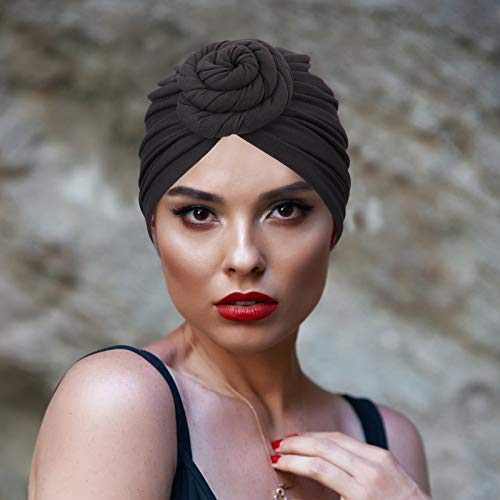 DRESHOW 5 Pack Knotted Headwraps for Women African Turban Pre-Knotted Beanie Headwraps Hair Covers - color: 5 Pack Donuts: Tan, Black, Navy, Green, Wine