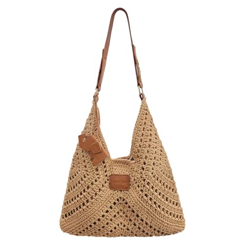 Crochet Beach Tote Bag for Women 2026 Woven Shoulder Bag Summer Handmade Boho Purse Crochet Handbags - color: Khaki