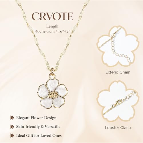 Gold Necklace for Women, Dainty White Enamel Sakura Flower Cherry Blossom Pendant, 18K Gold Plated Sparkly Jewelry Gifts for Her