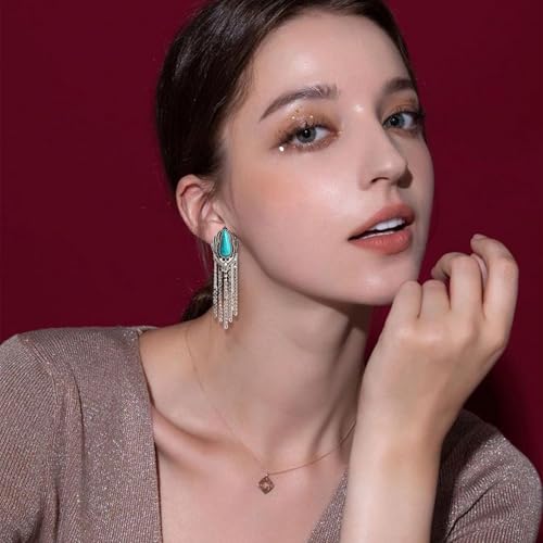 Boho Turquoise Drop Earrings Retro Long Copper Feather Tasse Metal Leaf Dangle Earrings Vintage Country Western Jewelry Cowgirl Ethnic Style Geometric Concert Festival Accessories for Women - color: Silver