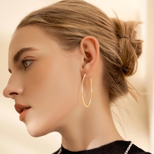 Gold Hoop Earrings for Women, 14K Gold Earrings for Women, Dainty Gold Vermeil Endless Thin Hoops, 14K Gold Plated 925 Sterling Silver, 35/45/55mm - size: 55mm