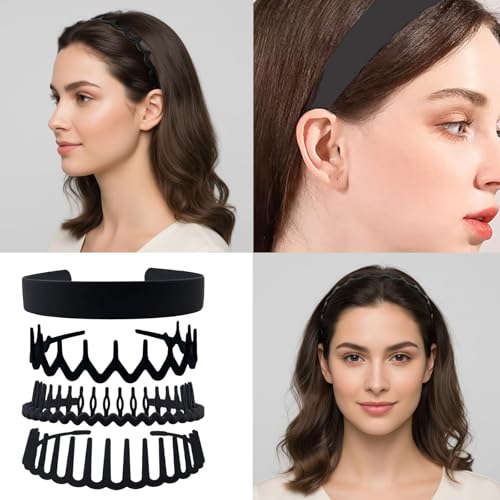 Set of 8 Non Slip Plastic Headbands for Women Men Teen and Girls, Black Matte Material Hair Bands, Wide and Skinny Head Bands with Teeth Comb (4 Styles Set 1) - size: 1 Count (Set of 8 headbands, 4 styles Set 1)