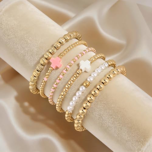 VIBILIA Gold Beaded Bracelets Set for Women 14K Gold Plated Dainty Pearl Cross Bracelet Stack Stretch Bracelet Set Fashion Accessories Gifts - color: 6P-Pink