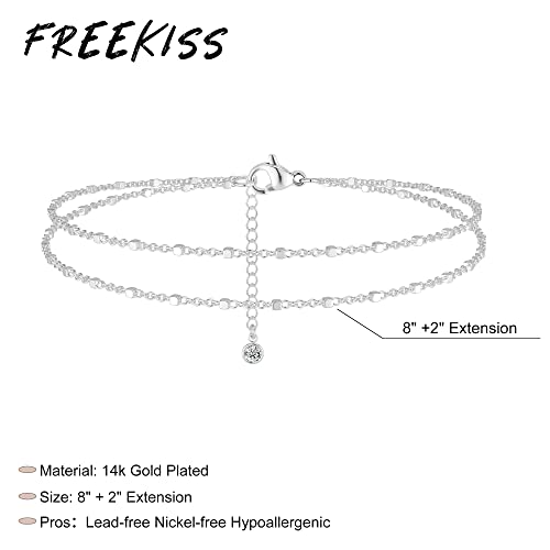 Freekiss Sterling Silver Ankle Bracelets for Women: Dainty Layered Waterproof Anklet for Women Adjustable Womens Anklet Set Stackable Figaro Beaded Cuban Link Anklets Beach Jewelry for Women - color: ANKLET-Single clasp beaded chain-SL