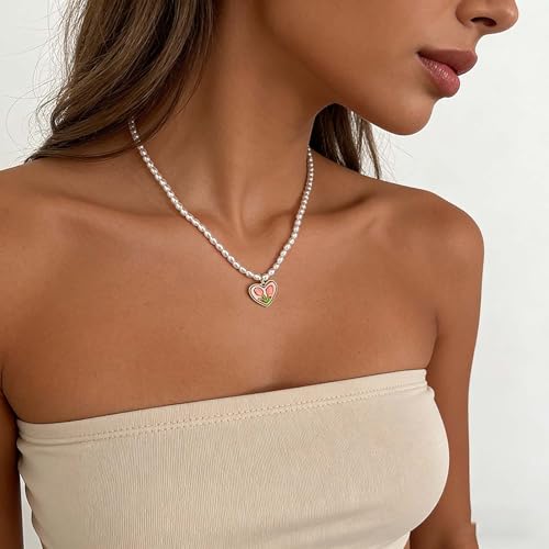 Pearl Heart Pendant Necklace Vintage Pearl Choker Necklace Pink Tulip Flower Pearls Necklaces Love Pearls Collar Necklaces Jewelry for Women