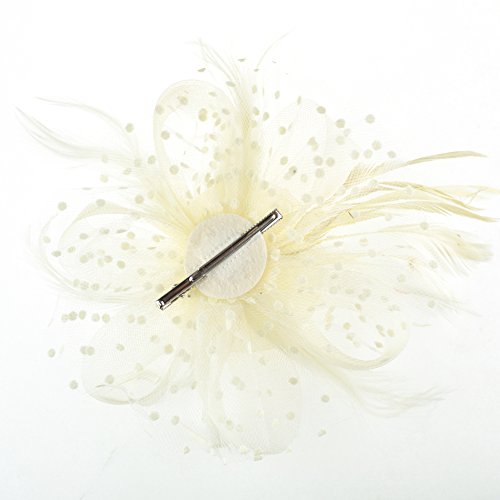 DRESHOW Fascinators Hat Flower Mesh Ribbons Feathers on a Headband and a Clip Tea Party Headwear for Girls and Women - color: 7" Diameter / Beige