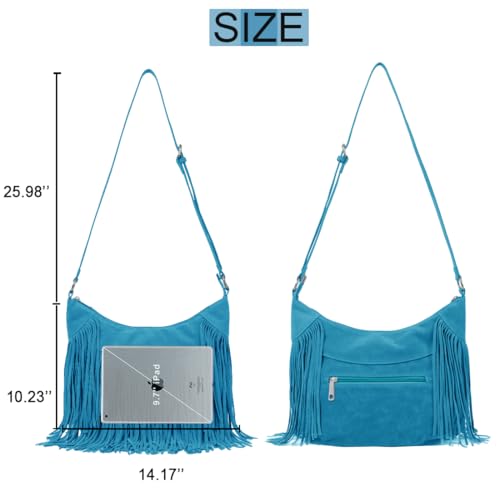 Sunwel Fashion Women Fringe Hobo Bag Western Purse Shoulder Bag Vegan Suede Tassel Hippie Crossbody Bag - color: Turquoise Blue