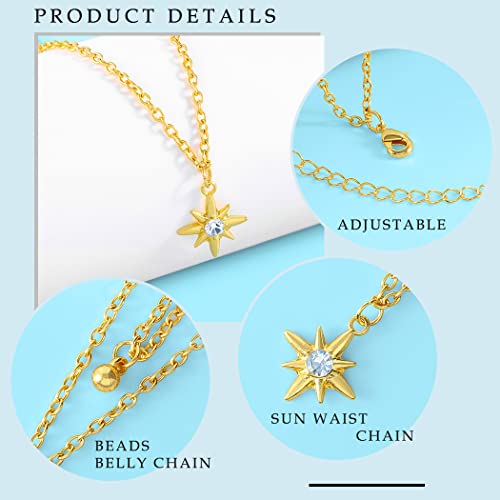 Layered Beads Waist Chain Gold/Silver Sun Belly Chain Bikini Body Chain Women Adjustable Beach Waist Jewelry Accessories - size: Small, style: Gold Sun