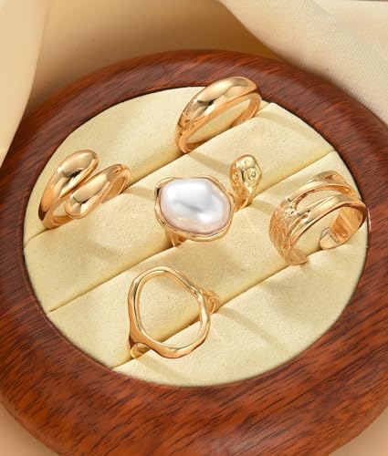 YEEZII 20 Pcs Gold Ring Set for Women, Chunky Statement Flower Finger Midi Rings, Big Boho Stacking Rings Pack Trendy Stuff Jewelry Gift - color: Gold-B-5Pcs