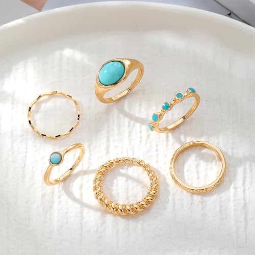 Bohemian Turquoise Ring for Women Chunky Gold Flower Statement Rings Vintage Round Turquoises Stackable Knuckle Ring Set for Women Western Jewelry - style: Turquoise ring-6Pcs