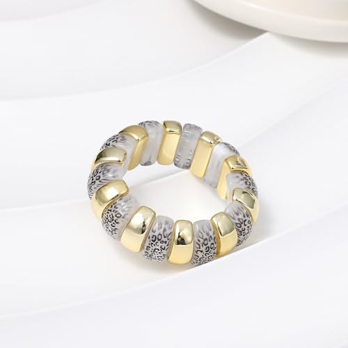 GOOJIDS Simple Beaded Gold Plated Bangles Bracelet Chunky Bamboo Tube Curved Stacking Clear Acrylic Colorful Beads Stretchable Gold Plated Bracelets Set For Women - color: B-Gold&White Leopard