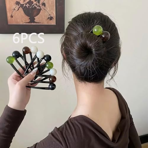 6 Pcs U Shaped French Hair Pin, Elegant Brown Green White Black Pearl 3-Fork Clips for Buns Hairstyle Holder Updo, Hair Forks for Women for Daily Use Accessory Thin and Thick Head decorative