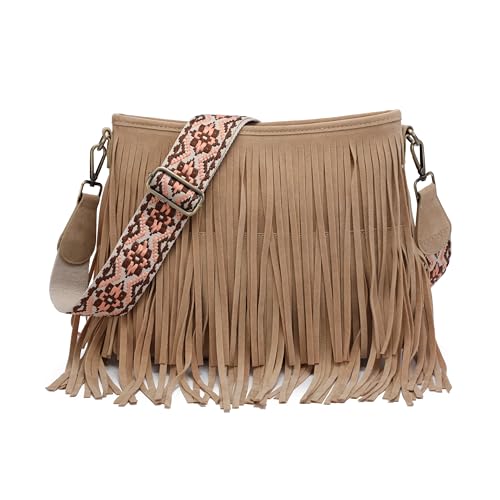 JEN & CO. Sadie Fringe Crossbody Bags for Women Vegan Suede Shoulder Purse with Adjustable Guitar Strap Boho Handbag - color: Tan