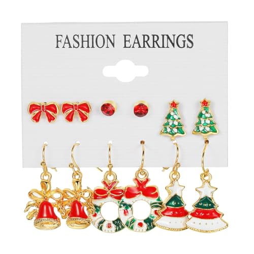 6 Pairs Christmas Earrings Set for Women Vintage Christmas Tree Bell Bow Star Dangle Drop Earrings Hypoallergenic Lightweight Jewelry Party Holiday Accessories - color: Colorful1