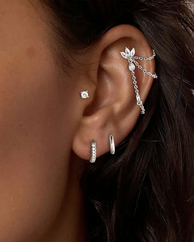 7Pcs Earring Stacks Cartilage Helix Flat Back Hoop Set For Women Stud Small Huggie Chain Multiple Piercing 14K Gold Plated Jewelry Triple Cubic Zirconia - color: Silver, size: Butterfly