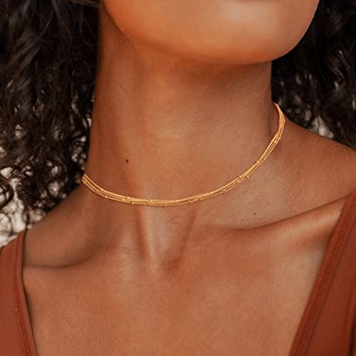 CHESKY 14k Gold Plated/Silver Plated Dainty Necklace for Women, Trendy Satellite Choker Necklace Thin Beaded Layered Choker Necklaces Discs Paperclip Chain Necklaces Womens Simple Jewelry - style: 3beads-gold