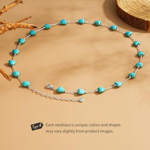 Created Turquoise Necklace for Women 14K Gold Plated Beaded Heart Choker Boho Necklaces Handmade Beach Summer Everyday Western Jewelry Gifts - color: Silver Chain, style: Heart