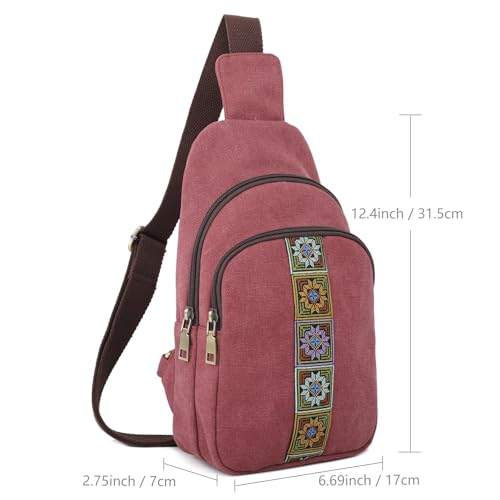 SILKAREA Canvas Sling Bag for Wome Crossbody Purse Small Sling Backpack Purse Travel Hiking Chest Bag Daypack - color: Wine Red
