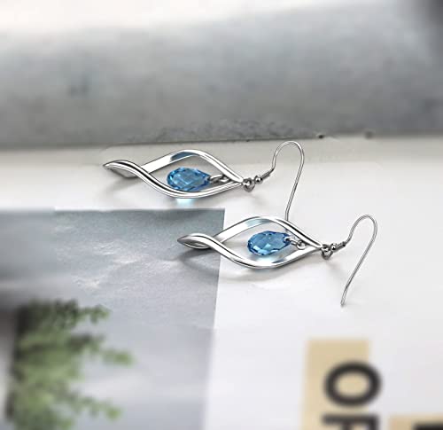 Rhodium Plate 925 Sterling Silver Hook Twist Leaf Holiday Hypoallergenic Dangle Earrings for Women Gifts Engagement Wedding with Austrian Daiamond Cut Waterdrop Crystal Hight Polished Long :1.9 IN - color: sea blue