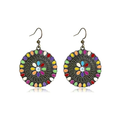MALOYANVE Vintage Boho Circular Flower Dangle Earring, Handmade Bronze Tribal Round Enamel Floral Drop, Bohemian Ethnic Statement Jewelry Gift for Women - color: Ancient Muticolor