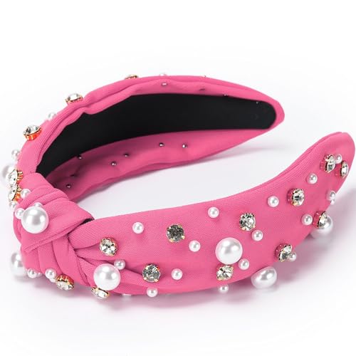 WantGor Pearl Knotted Headband, Women Rhinestone Embellished Hairband Elegant Wide Top Knot Bride Headbands Headpieces Party Fashion Elegant Ladies Hair Band Hair Hoop Accessories (Hot Pink) - color: Hot Pink