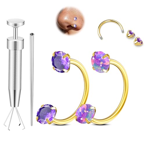 Opal Nose Ring Studs Horseshoe Nose Rings Hoops Stud 316L Stainless Steel Nose Rings Round CZ Square Screw L Shaped Nose Stud Hypoallergenic Nostril Piercing Jewelry for Women Men - color: Gold/3.0mm Purple gem/20gauge