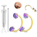 Opal Nose Ring Studs Horseshoe Nose Rings Hoops Stud 316L Stainless Steel Nose Rings Round CZ Square Screw L Shaped Nose Stud Hypoallergenic Nostril Piercing Jewelry for Women Men - color: Gold/3.0mm Purple gem/20gauge