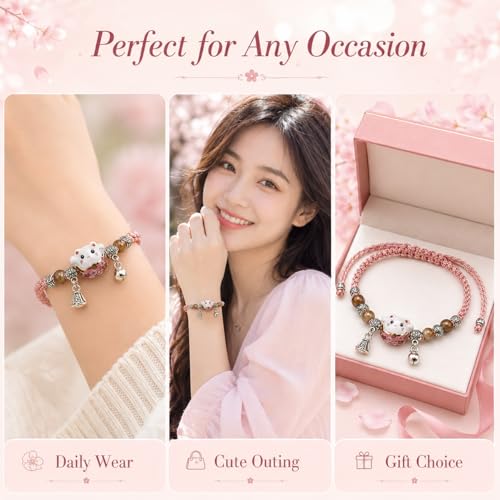 Lucky Cat Bracelet For Women, Feng Shui Good Luck Cat Jewelry with Ceramic Cat Charm, Lightweight Protection Bracelet for Daily Wear or Work,Meaningful Gift for Women Valentine's Day&Birthday