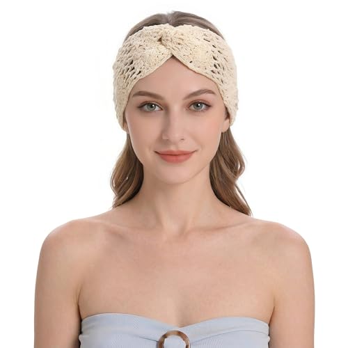ZLYC Women Headband Handmade Crochet Knit Boho Flower Hair Bands (Twist Knotted Beige) - color: Twist Knotted Beige