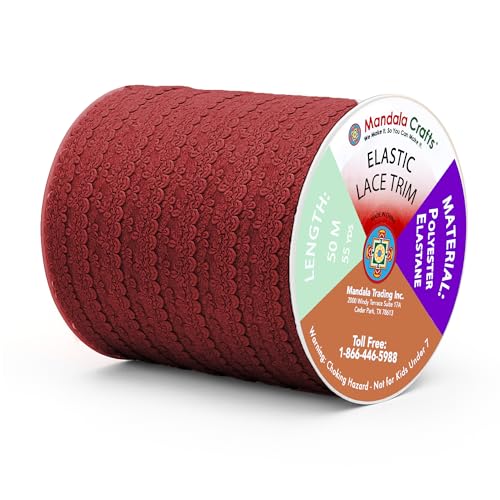 Mandala Crafts Burgundy Stretch Lace Soft Elastic Trim Roll - 55 Yards 1 Inch Wide Stretchy Frilly Picot Ribbon for Sewing Lingerie, Headbands, Underwear, and Crafts - color: Burgundy