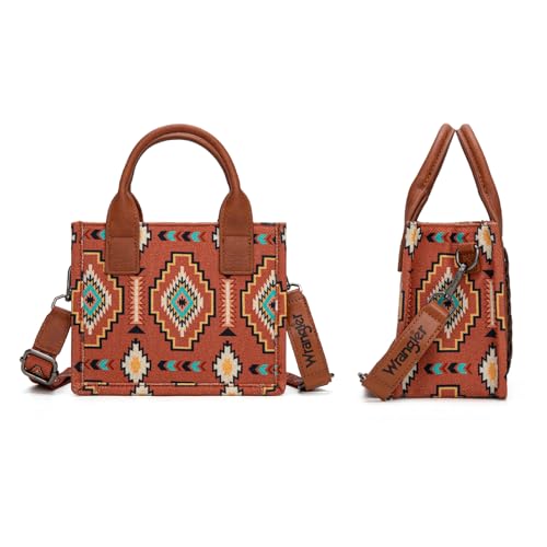 Wrangler Mini Aztec Tote Bag for Women Boho Small Top Handle Purse with Adjustable Strap - color: Boho Brown