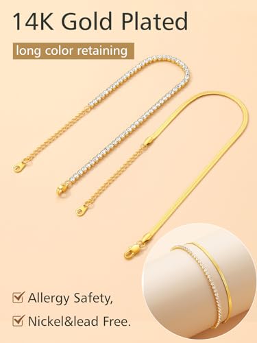 FindChic Black/Silver/Gold Plated Anklets Set of 2PCS/3PCS Herringbone Chain Cuban Link Heart Charm Sparkling Tennis Ankle Bracelets, Waterproof Summer Foot Jewelry for Beach - color: 04. Gold-2PCS Herringbone & Tennis