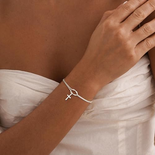 NECOCY Mothers Day Gifts Cross Bracelet for Women, Dainty 14K Gold/Silver Plated Pearl Cross Chain Bracelet Religious Christian Baptism Jesus Catholic Bracelet Jewelry Gift for Mom Wife Daughter - style: Style-3
