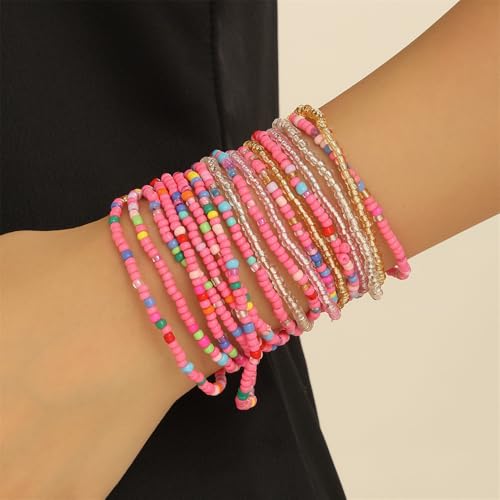 Fuqimanman2020 18Pcs Boho Stackable Beaded Bracelets for Women Colorful Handmade Multilayered Rice Beads Anklets Set Summer Beach Bohemian Jewelry Gift - color: Style 1 Pink A