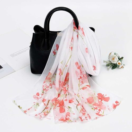 Xyueanlo Women's Chiffon Scarf Lightweight Scarves Fashion Elegant Floral Print Scarfs Shawls - color: Plum Blossom Red White