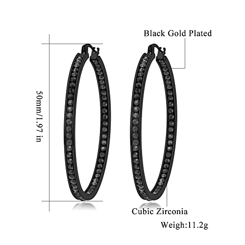 CiNily Mult-colors Crystal Stainless Steel Hoop Earring for Women Hypoallergenic Jewelry for Sensitive Ears Large Big Hoop Earrings 2" - color: All Black