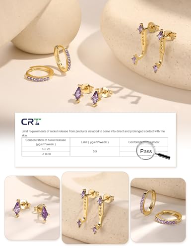 GEORGE · SMITH Stackable Kite Stud Earrings Set for Women, Gold & Silver Huggie Birthstone Jewelry with Emerald Green & Blue Sapphire, Trendy Earrings for Women 2025 - color: Gold,Purple CZ