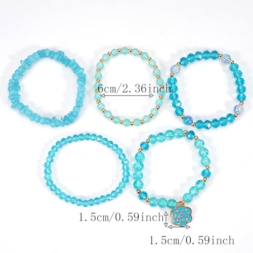 coadipress 5Pcs Bohemian Flower Stackable Bead Bracelets for Women Multilayer Crystal Glass Beaded Charm Bangles Bracelet Boho Summer Beach Hawaii Holiday Statement Jewelry - color: Blue