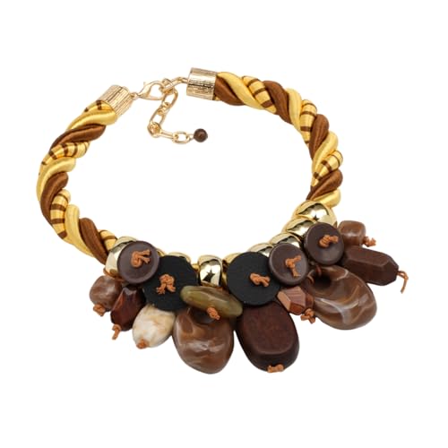 Chunky Statement Wood Pendant Necklace for Women Rope Braided Colorful Resin Stone Tribal Ethnic Bold Boho Fashion Jewelry - color: N1539-brown