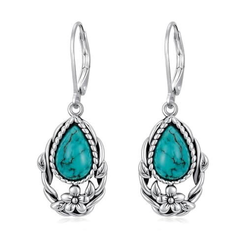 Natural Turquoise Earrings for Women Dangling 925 Sterling Silver Dangle Earrings Western Jewelry Christmas Gift for Sister Mother - style: F-Flowers Earrings-2