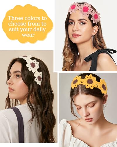 HAIMEIKANG Hippie Hair Bandanas Headbands for Women Boho Headband Knit Hair Bands Floral Head Wrap for Girls(Beige + Pink + Yellow) - color: Beige + Pink + Yellow