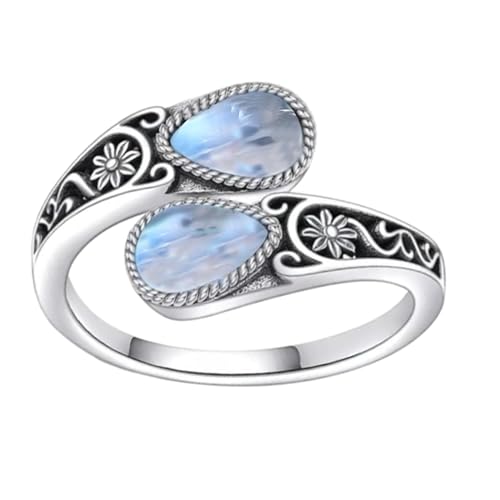 Adjustable Thumb Rings for Women Vintage Moonstone Obsidian Turquoise, Spoon Style Adjustable Ring Gift for Her, Sister, Mom – Natural Gemstone Jewelry - style: Moonstone Flower Ring