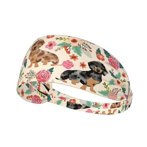 Black and Gold Swirl Liquid Ink Marble Workout Headbands Fashion Sports Sweatbands Yoga Hairbands for Fitness Athletic Non Slip Wicking Headscarf for Men Womens Girls Summer Accessories Elastic Bands - color: Dachshund Sausage Dogs Pink Flowers Print