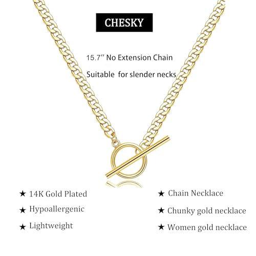 CHESKY Layered Necklaces for Women, 14K Gold Plated Chain Necklace Women Trendy Cuban Link Paperclip Chain Toggle Clasp Necklace Fashion Chunky Jewelry for Women - style: Toggle+Bar