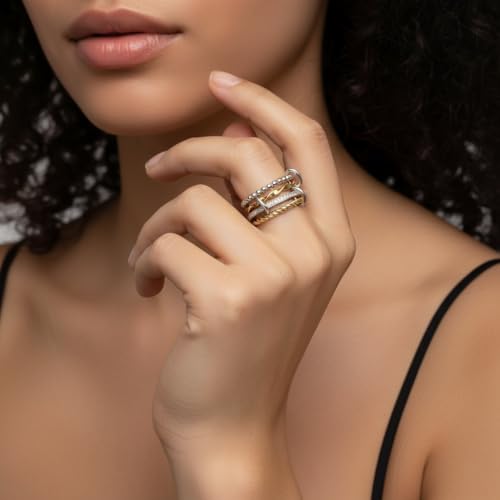 Gold Stackable Ring Set for Women Non Tarnish 316L Stainless Steel Cubic Zirconia Rings Silver Gold Multi Band Thumb Ring Mixed Metals 4 in 1 Interlocking Fashion Thin Dainty Unique Christmas Birthday Jewelry Gift