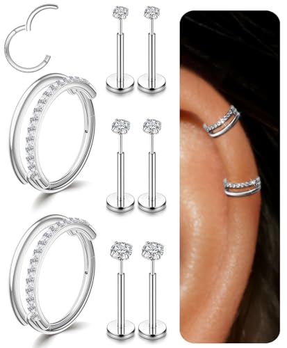 Small Cartilage Double/Triple-Hoop Helix Conch Piercing Earrings With Cubic Zirconia For Women Trendy 14K Gold Plated Titanium Surgical Stainless Steel Sets Nose Rings Hoops Septum Rings - color: Silver, style: B-4Pairs-16Gauge-Double CZ hoop