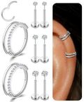 Small Cartilage Double/Triple-Hoop Helix Conch Piercing Earrings With Cubic Zirconia For Women Trendy 14K Gold Plated Titanium Surgical Stainless Steel Sets Nose Rings Hoops Septum Rings - color: Silver, style: B-4Pairs-16Gauge-Double CZ hoop