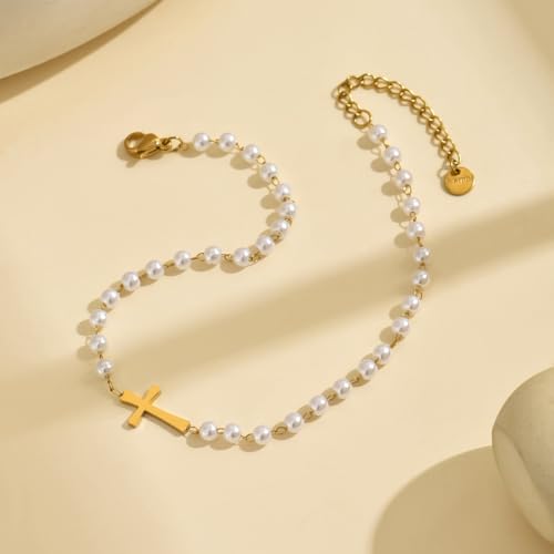 Cross Anklets for Women, 18K Gold Plated Dainty Ankle Bracelets with Colorful Beads Pearl Anklet, Adjustable Religious Christian Satellite Cross Chain, Waterproof Boho Summer Beach Jewelry - style: Multi Pearls Cross-Gold