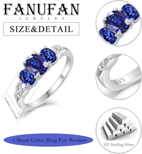 Celtic Birthstone Rings for Women 925 Sterling Silver Celtic Knot Ring 3-Stone Promise Rings for Her Wife Birthday Anniversary Wedding Jewelry - color: 09-Sept-Sapphire